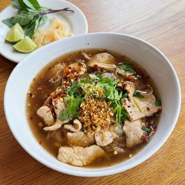 A bowl of Thai boat noodles with pork, herbs, and chili flakes, with limes and basil on the side.