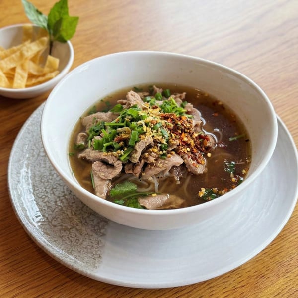 A bowl of Thai beef noodle soup with scallions, chili flakes, and fried garlic, with a side of crispy wontons.